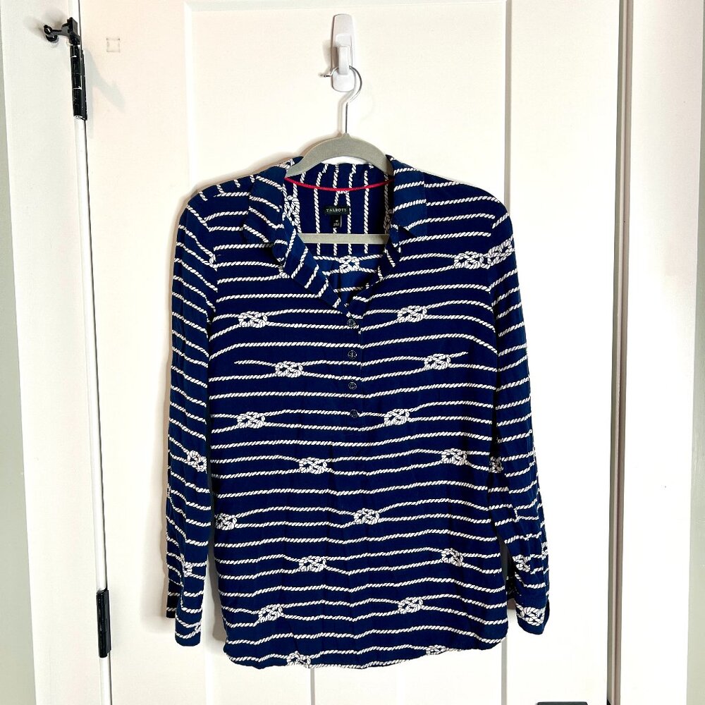 Talbots Navy Blue Nautical Rope Popover Flowy Top Beachy Coastal Grandma Medium